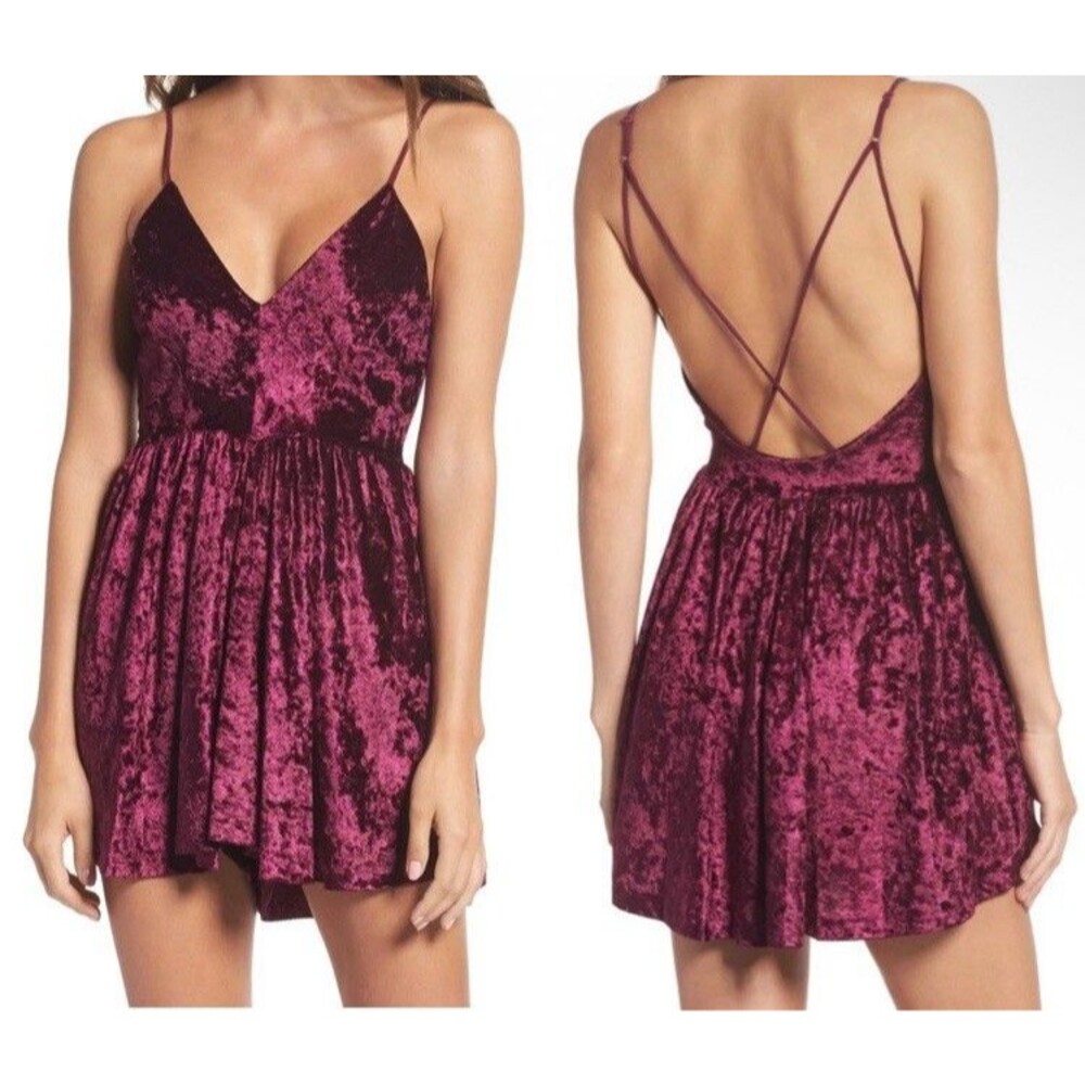 Sam Edelman Crushed Velvet Romper Burgundy Adjustable Straps V-Neck Mini